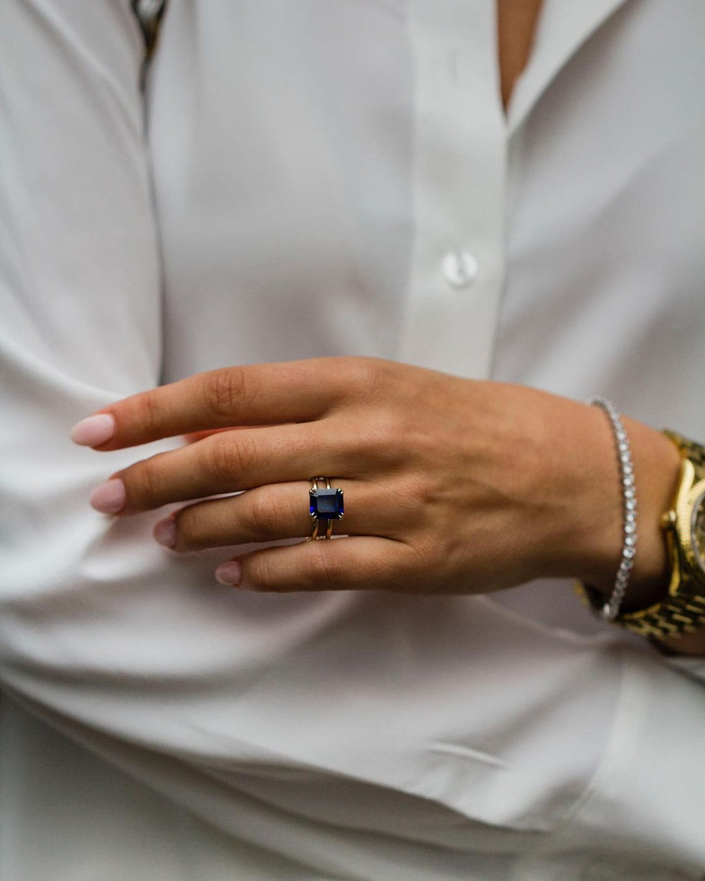 Blue Emerald Cut Labgrown Engagement Ring