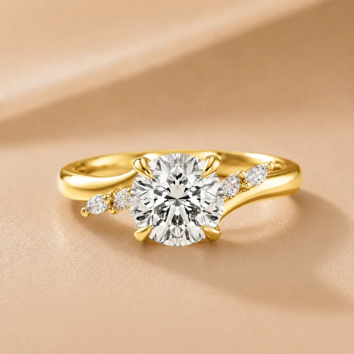 Flora Twist Side Stone Diamond Engagement Ring – (10K Yellow Gold) – Round (925 Sterling Silver)