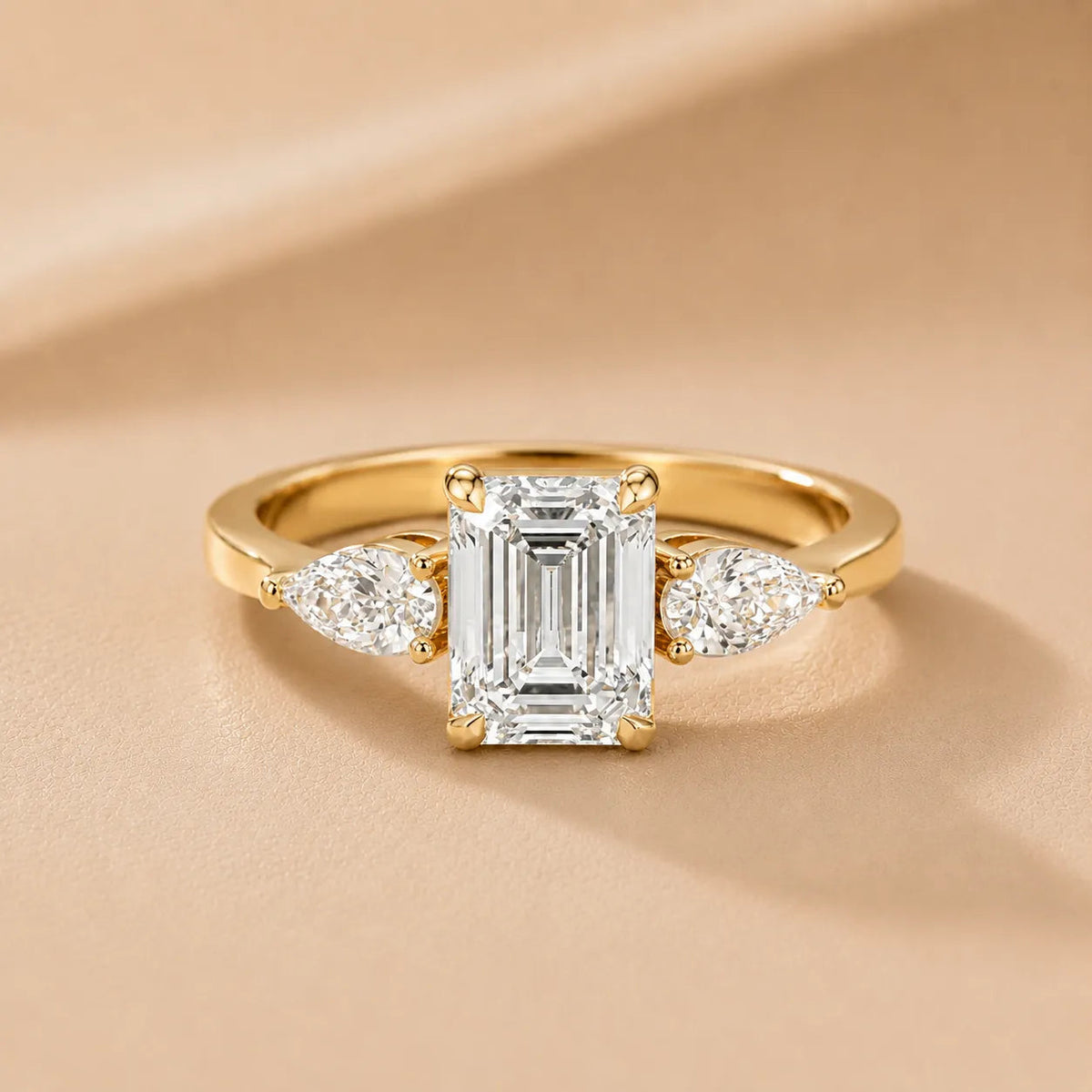Grace Three Stone Asscher Diamond Engagement Ring – Emerald (14K Yellow Gold)