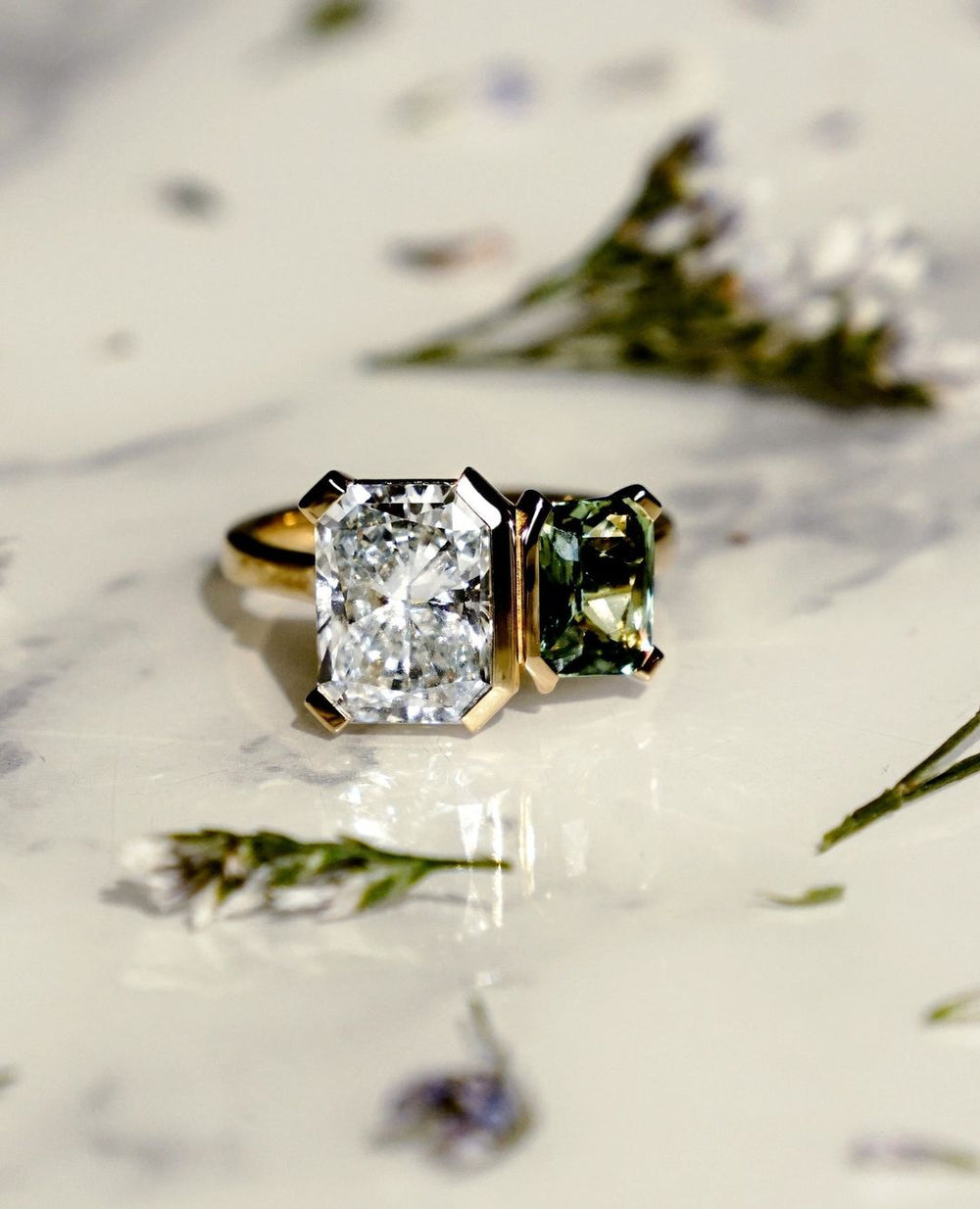 Radiant Cut & Green Sapphire Labgrown Engagement Ring