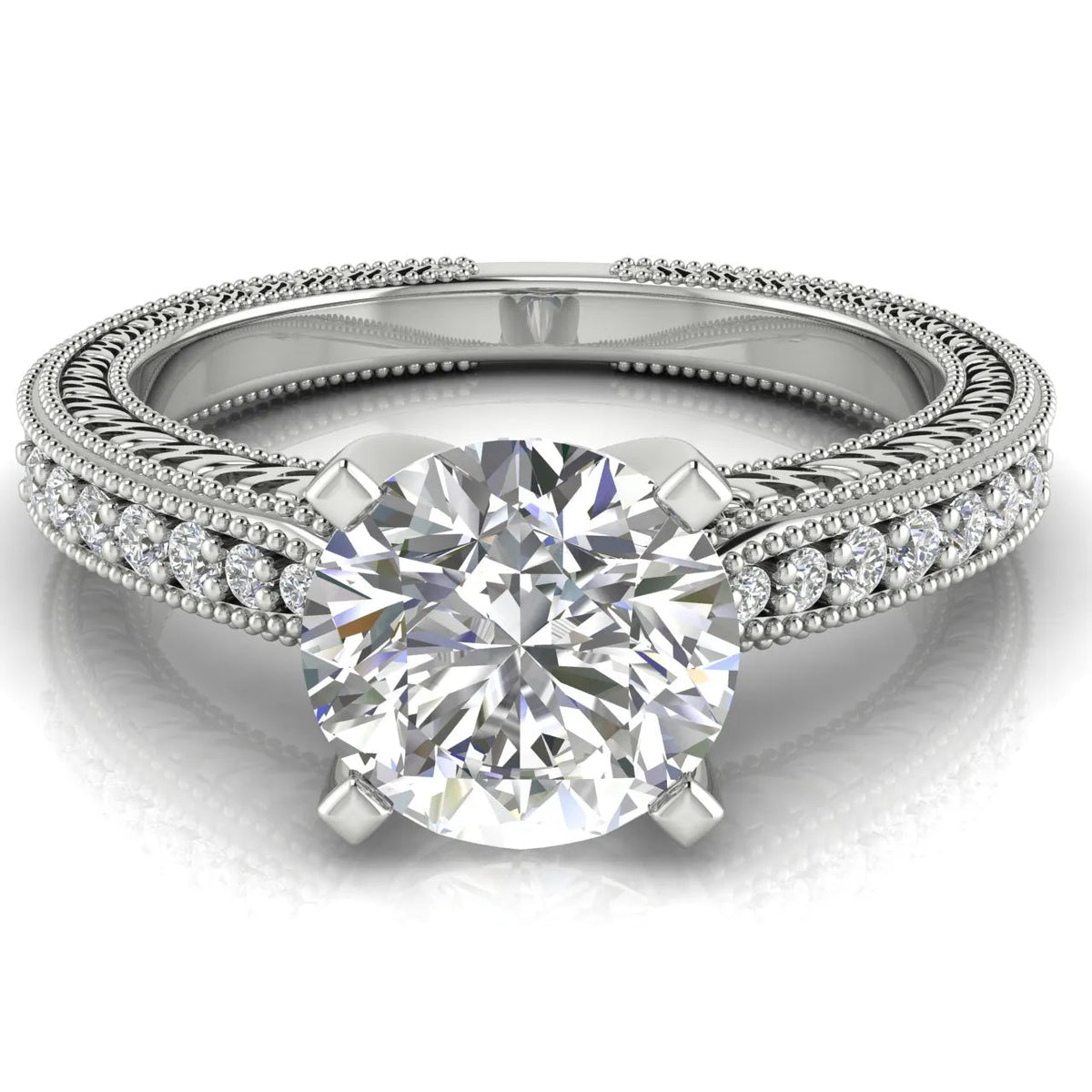 Vintage-Inspired Solitaire Ring with Accent Stones – (925 Sterling Silver) – Round (925 Sterling Silver)