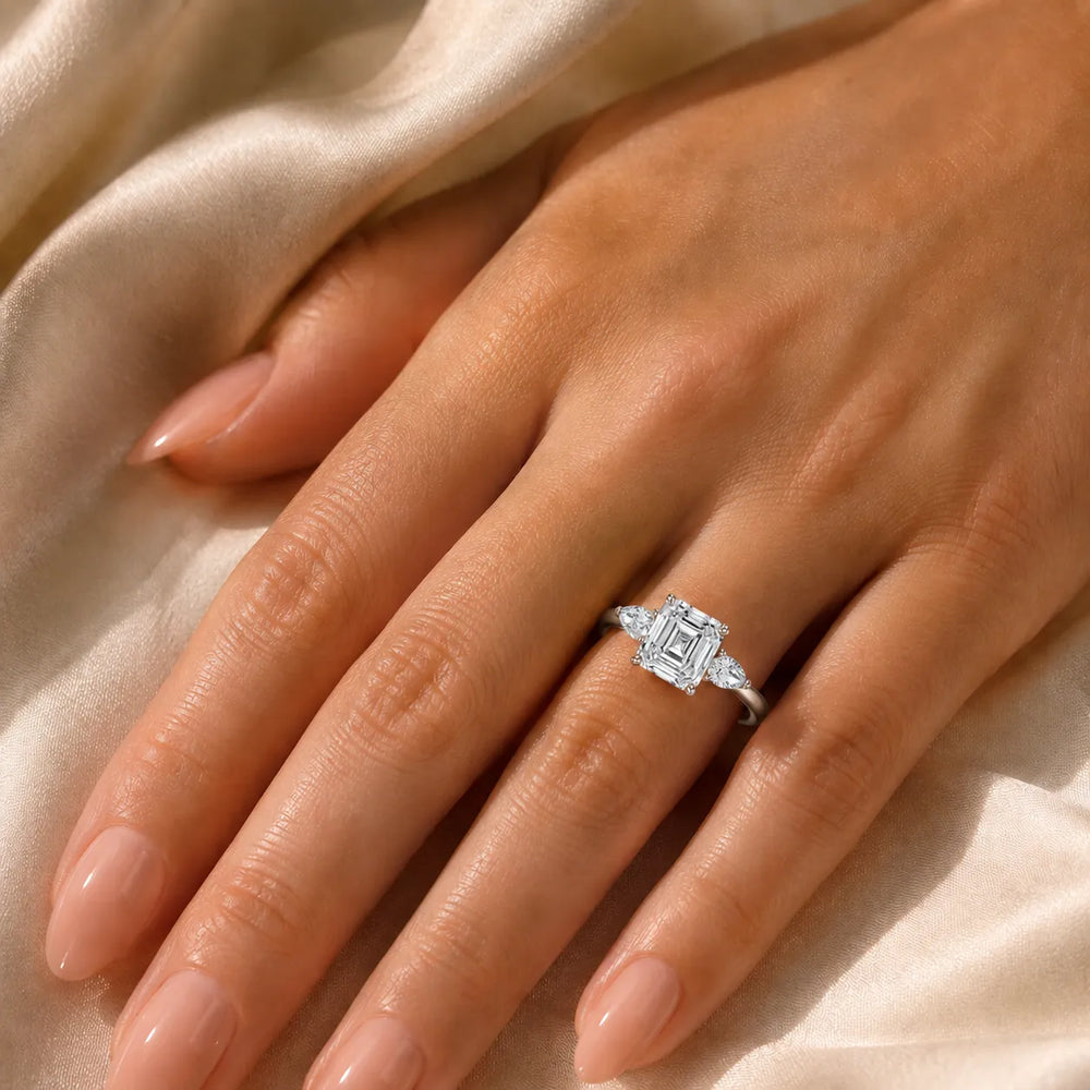 Designer Asscher Diamond Ring with Pear Side Stones