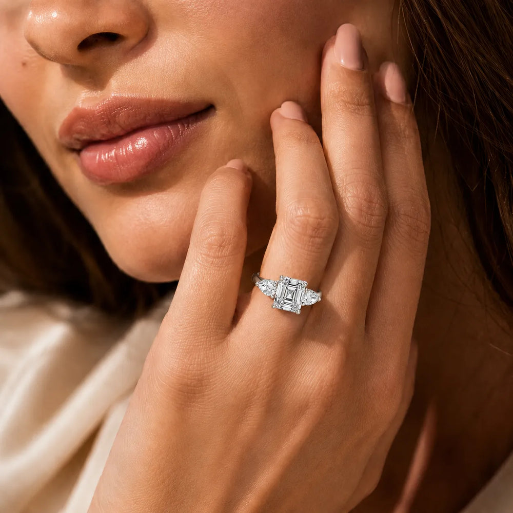 Designer Asscher Diamond Ring with Pear Side Stones