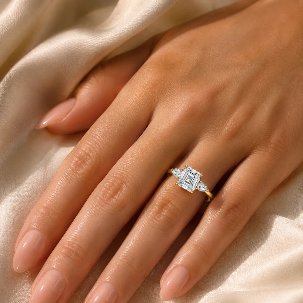 Designer Asscher Diamond Ring with Pear Side Stones