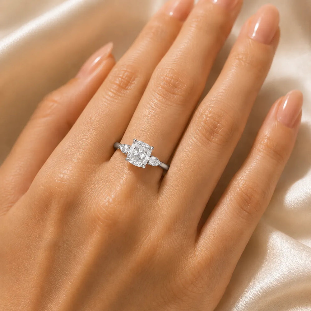 Designer Asscher Diamond Ring with Pear Side Stones