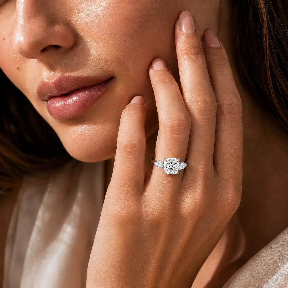 Designer Asscher Diamond Ring with Pear Side Stones