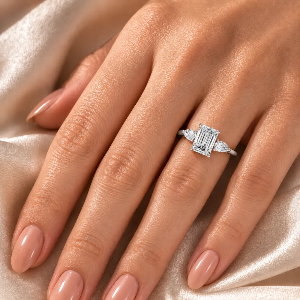 Designer Asscher Diamond Ring with Pear Side Stones