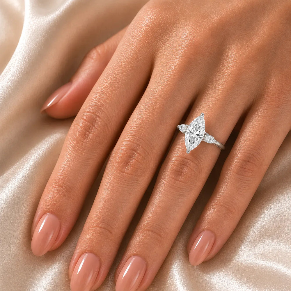 Designer Asscher Diamond Ring with Pear Side Stones