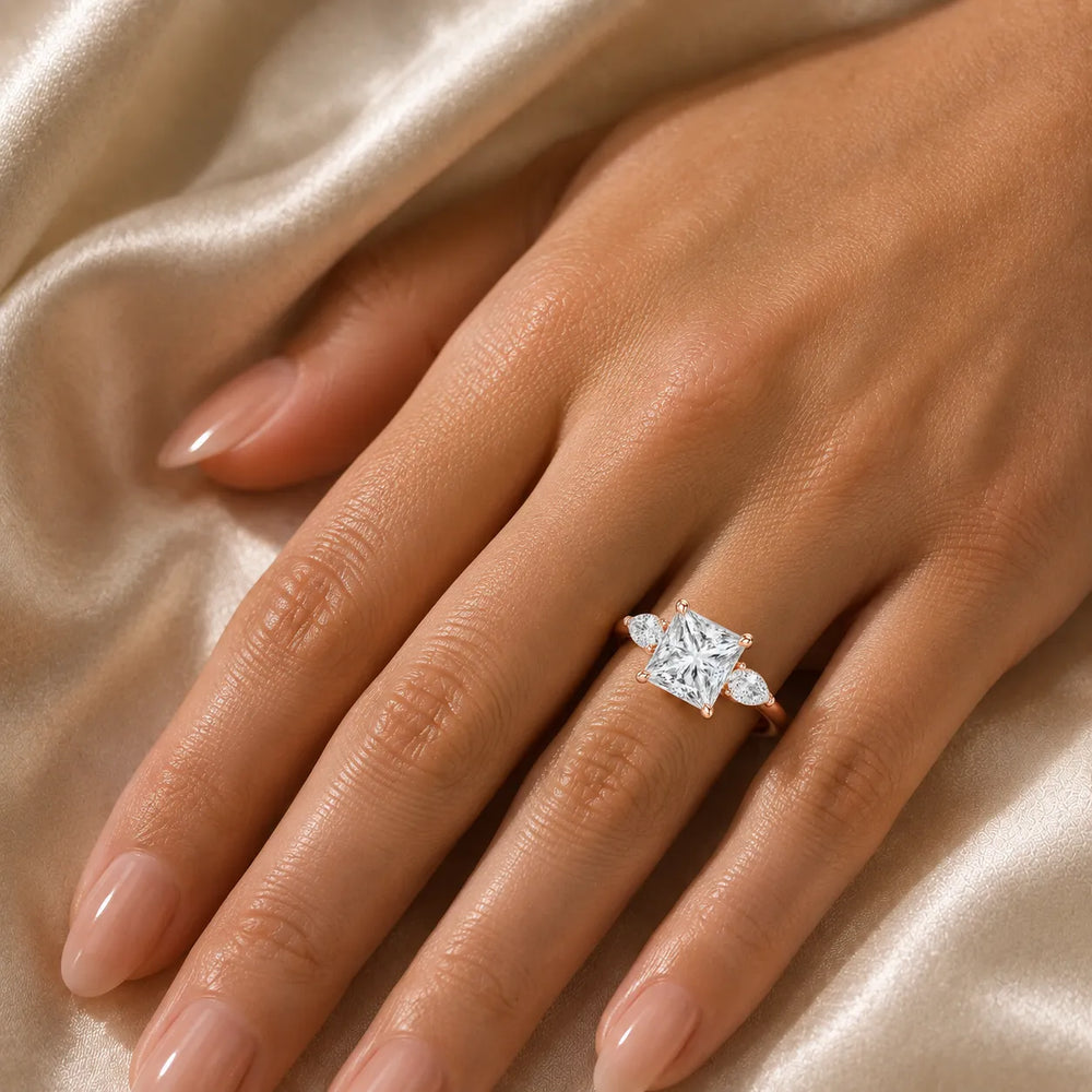 Designer Asscher Diamond Ring with Pear Side Stones
