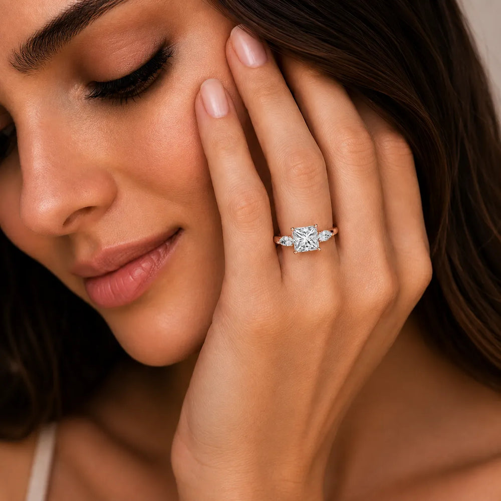 Designer Asscher Diamond Ring with Pear Side Stones