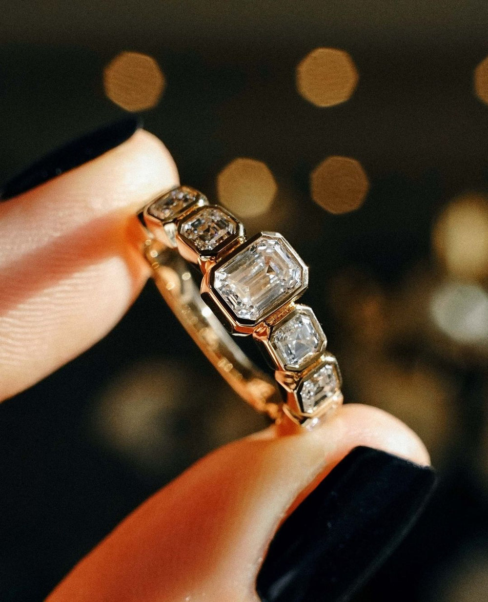 Bezel Set Emerald & Asscher Cut Labgrown Engagement Ring