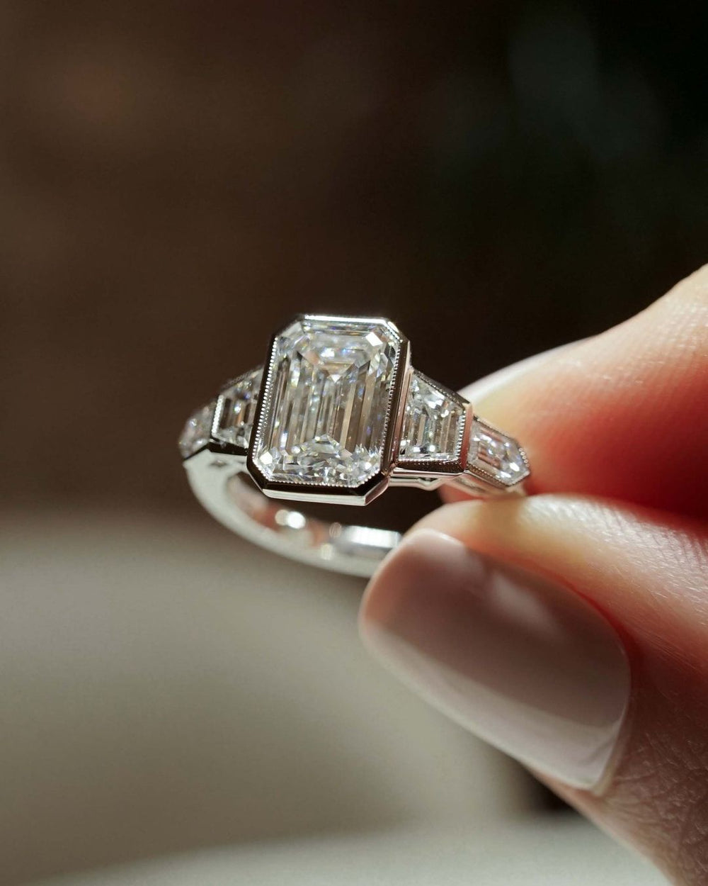 Bezel Set Emerald Cut Labgrown Engagement Ring,