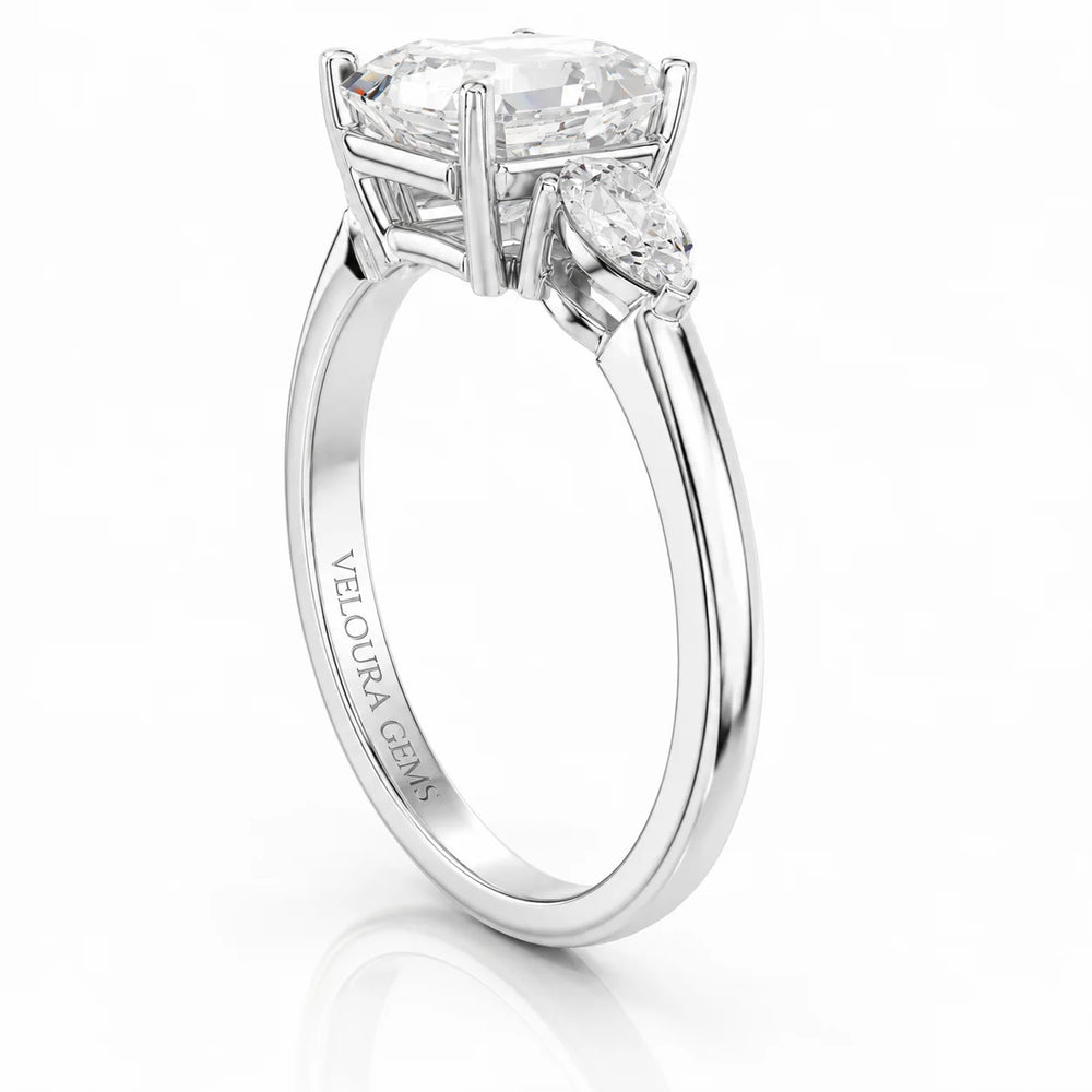 Designer Asscher Diamond Ring with Pear Side Stones