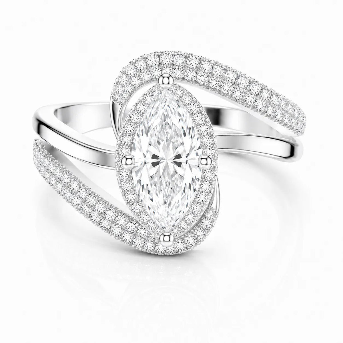 Radiance Twist Engagement Ring – Marquise (950 Platinum) – Round (925 Sterling Silver)