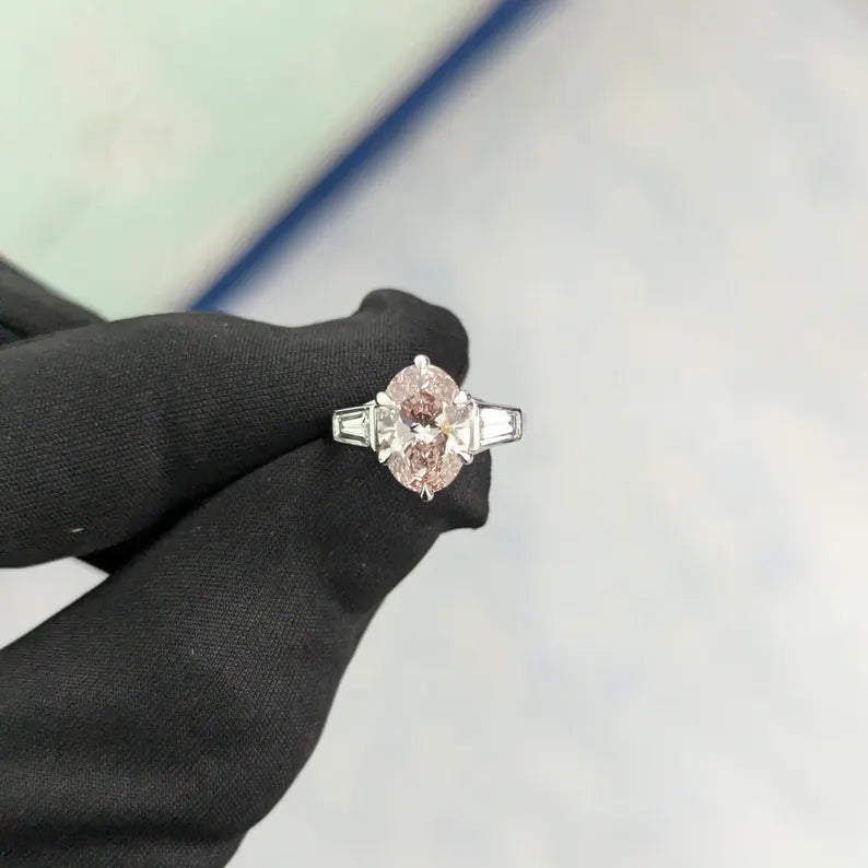 2.50tcw Fancy Pink Lab-Grown Diamond Oval Engagement Ring | Bezel & Baguette