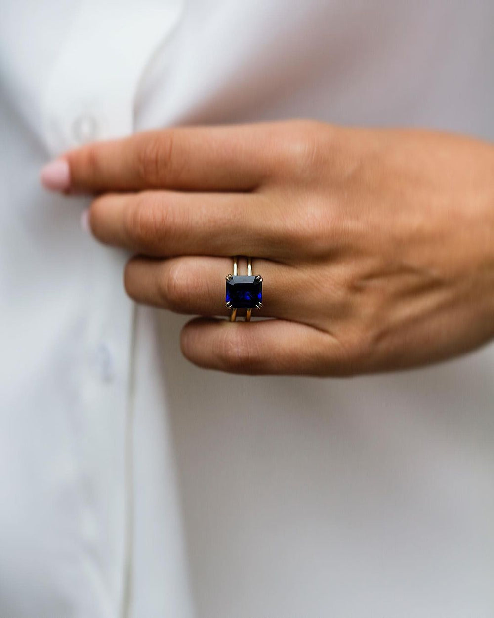 Blue Emerald Cut Labgrown Engagement Ring