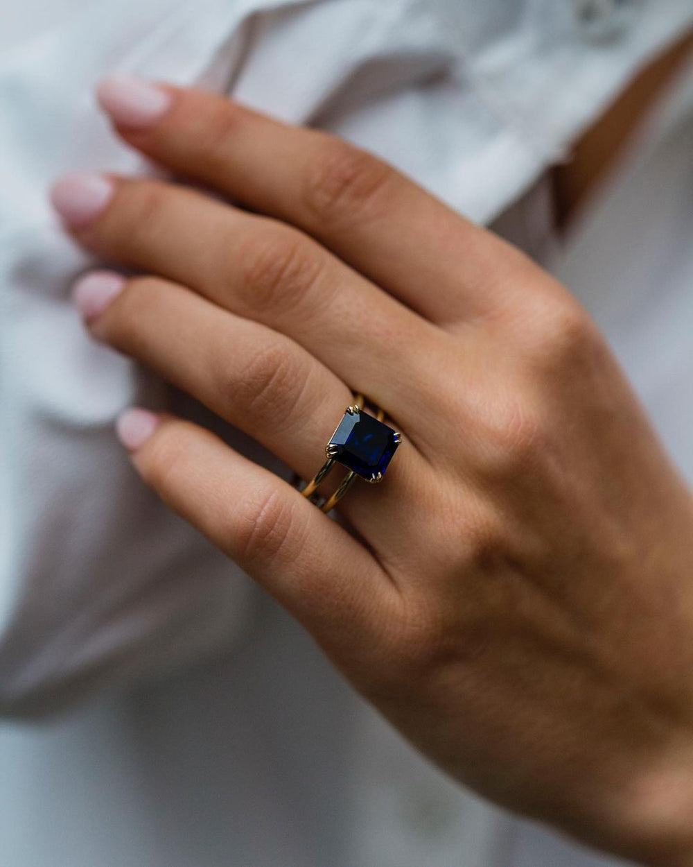 Blue Emerald Cut Labgrown Engagement Ring