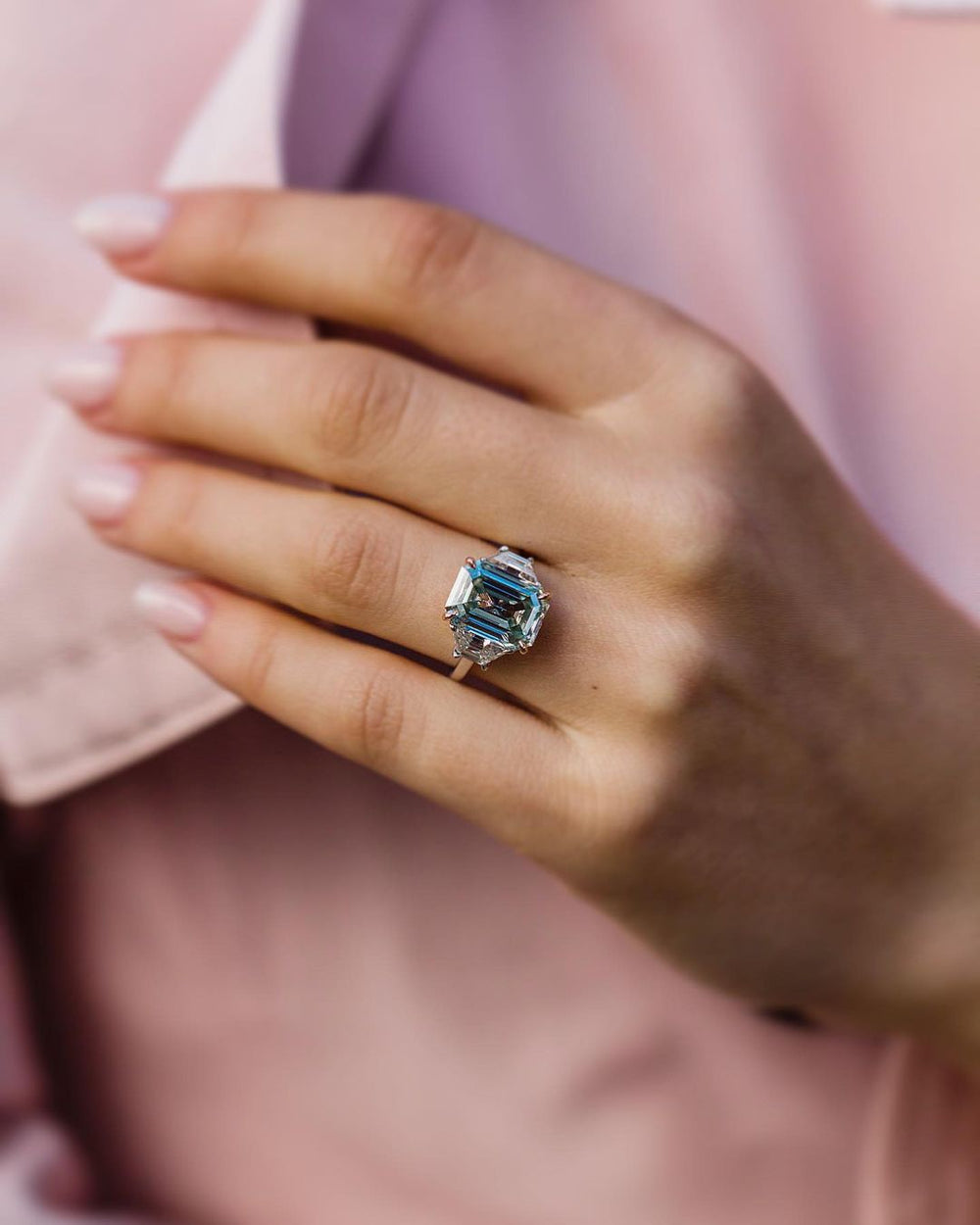 Light Blue Emerald Cut Labgrown Ring