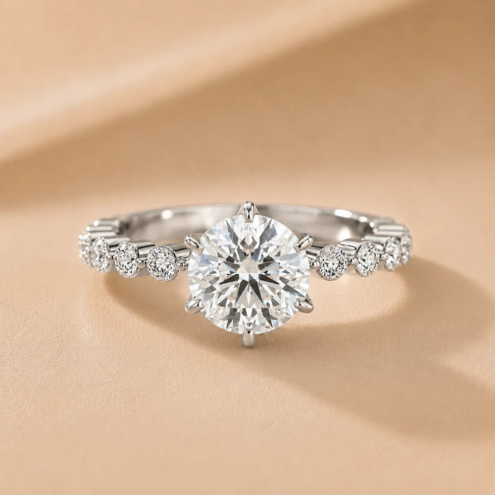 Eleanor Majesty Side Stone Diamond Engagement Ring – Round (925 Sterling Silver)