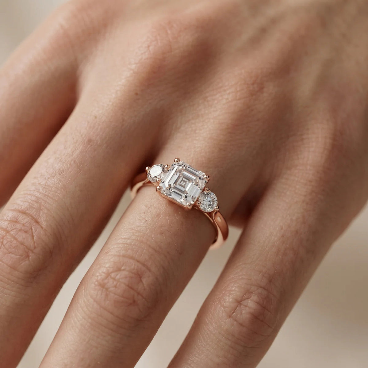 Essential Three-Stone Asscher Diamond Engagement Ring – (925 Sterling Silver) – (925 Sterling Silver) – Round (925 Sterling Silver)