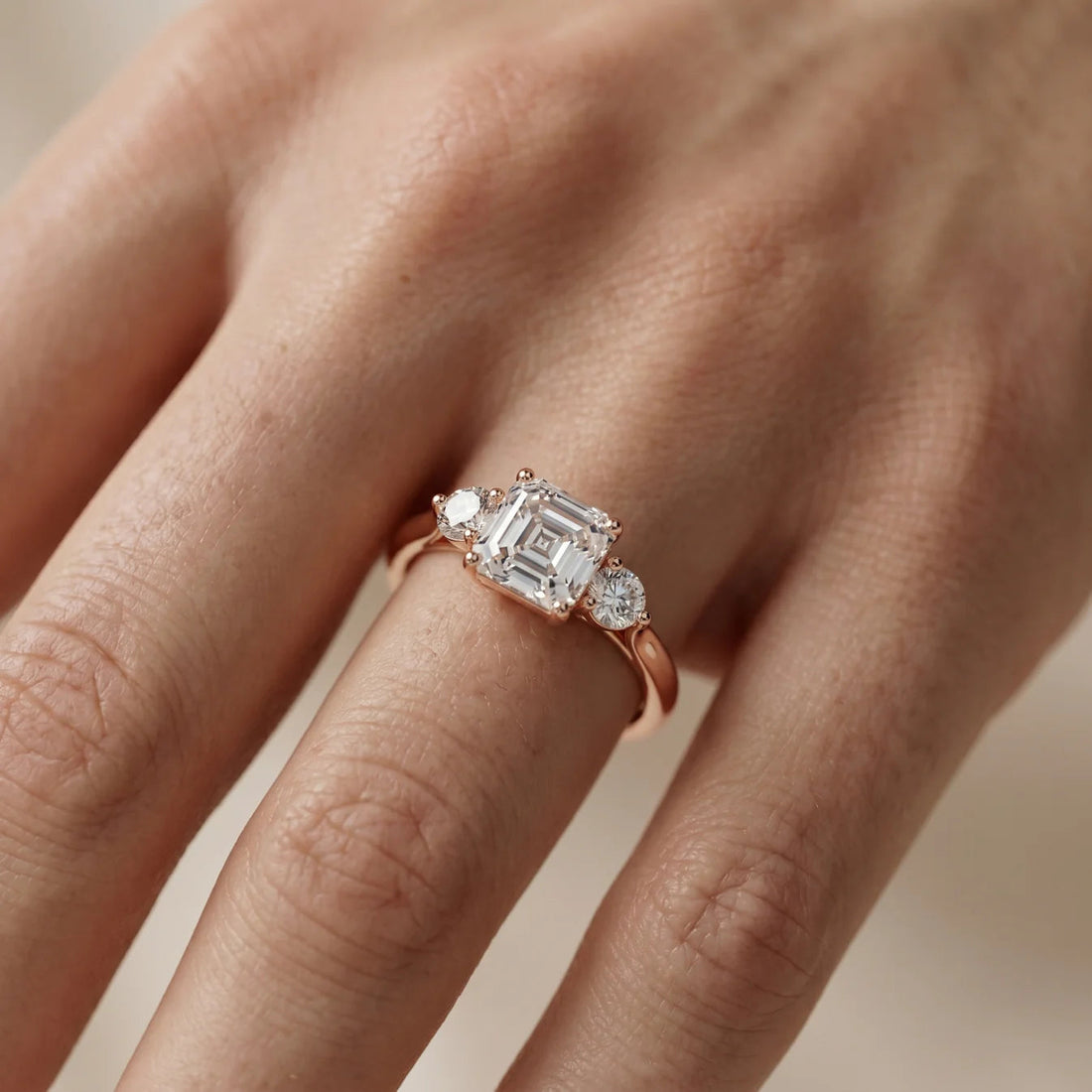 Essential Three-Stone Asscher Diamond Engagement Ring – (925 Sterling Silver) – Round (925 Sterling Silver)