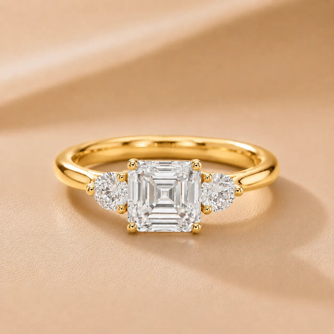 Essential Three-Stone Asscher Diamond Engagement Ring – (925 Sterling Silver) – Round (925 Sterling Silver)