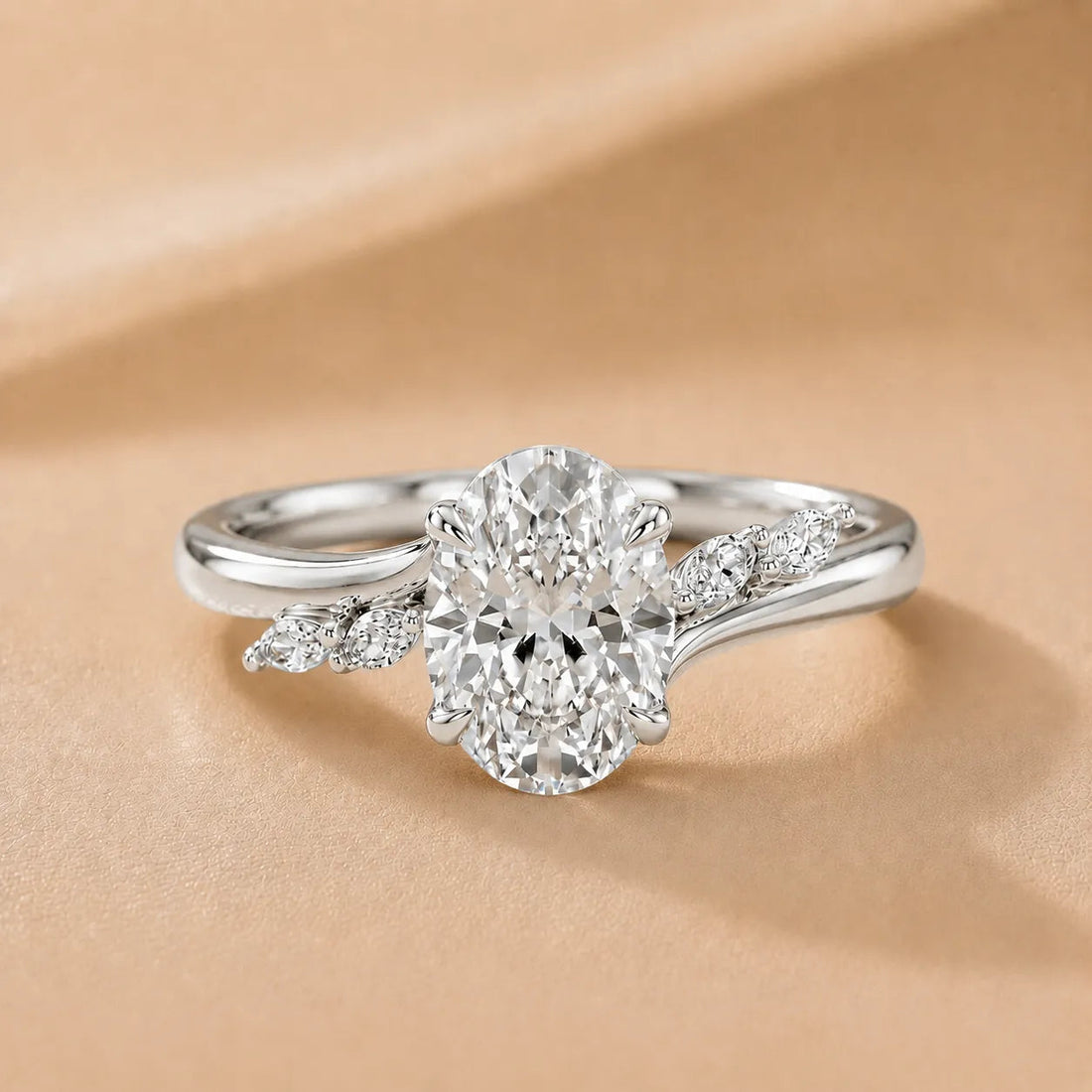 Flora Twist Side Stone Diamond Engagement Ring – (10K White Gold) – Round (925 Sterling Silver)