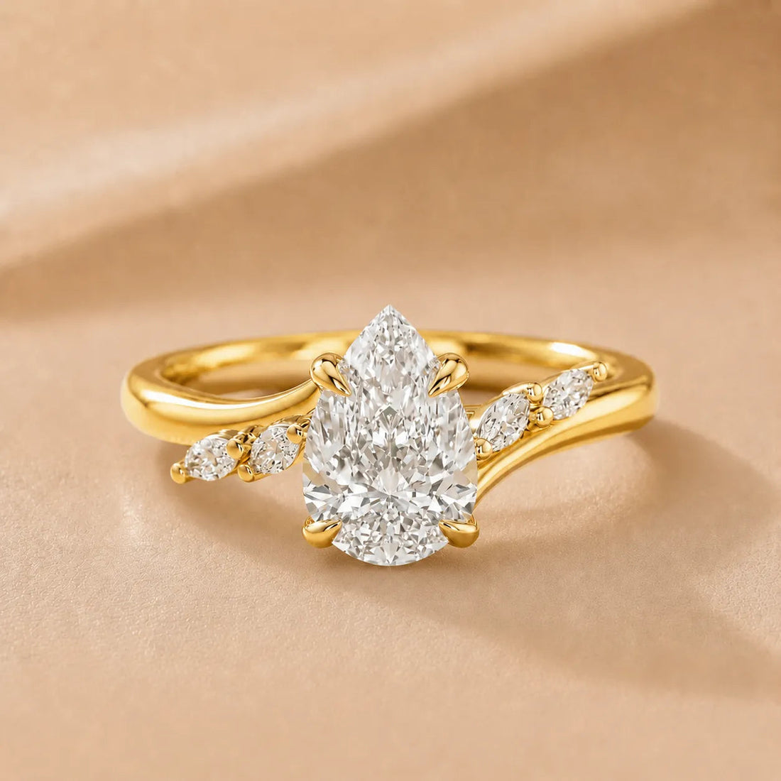 Flora Twist Side Stone Diamond Engagement Ring – (14K Yellow Gold) (Inc. Pear Diamond) – Pear (925 Sterling Silver)