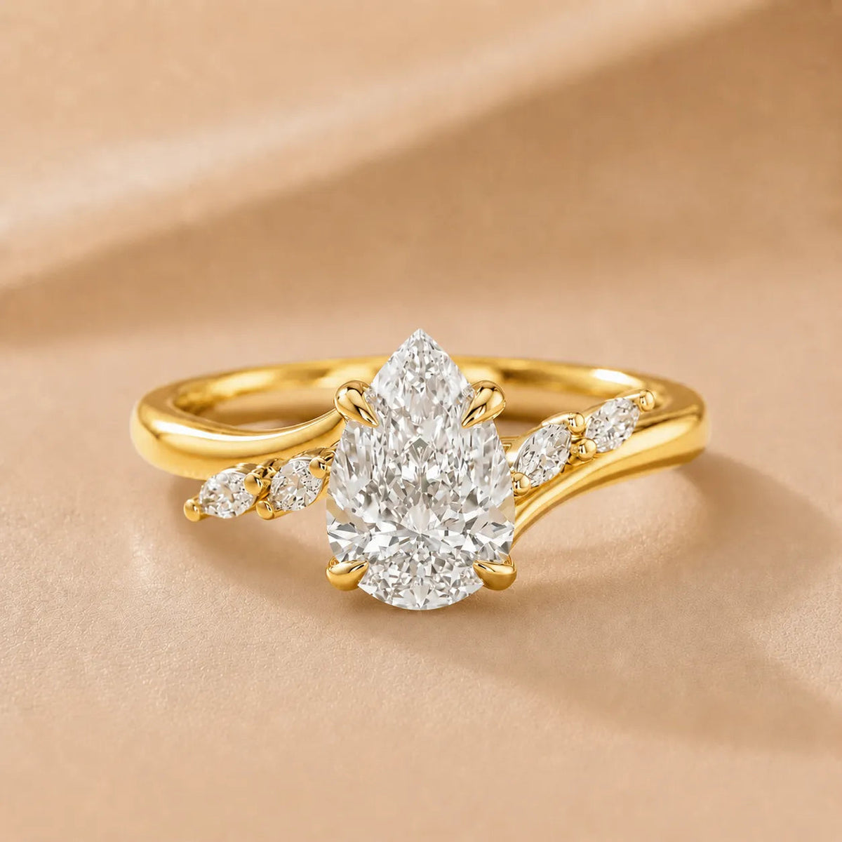 Flora Twist Side Stone Diamond Engagement Ring – (14K Yellow Gold) (Inc. Pear Diamond) – Pear (925 Sterling Silver)