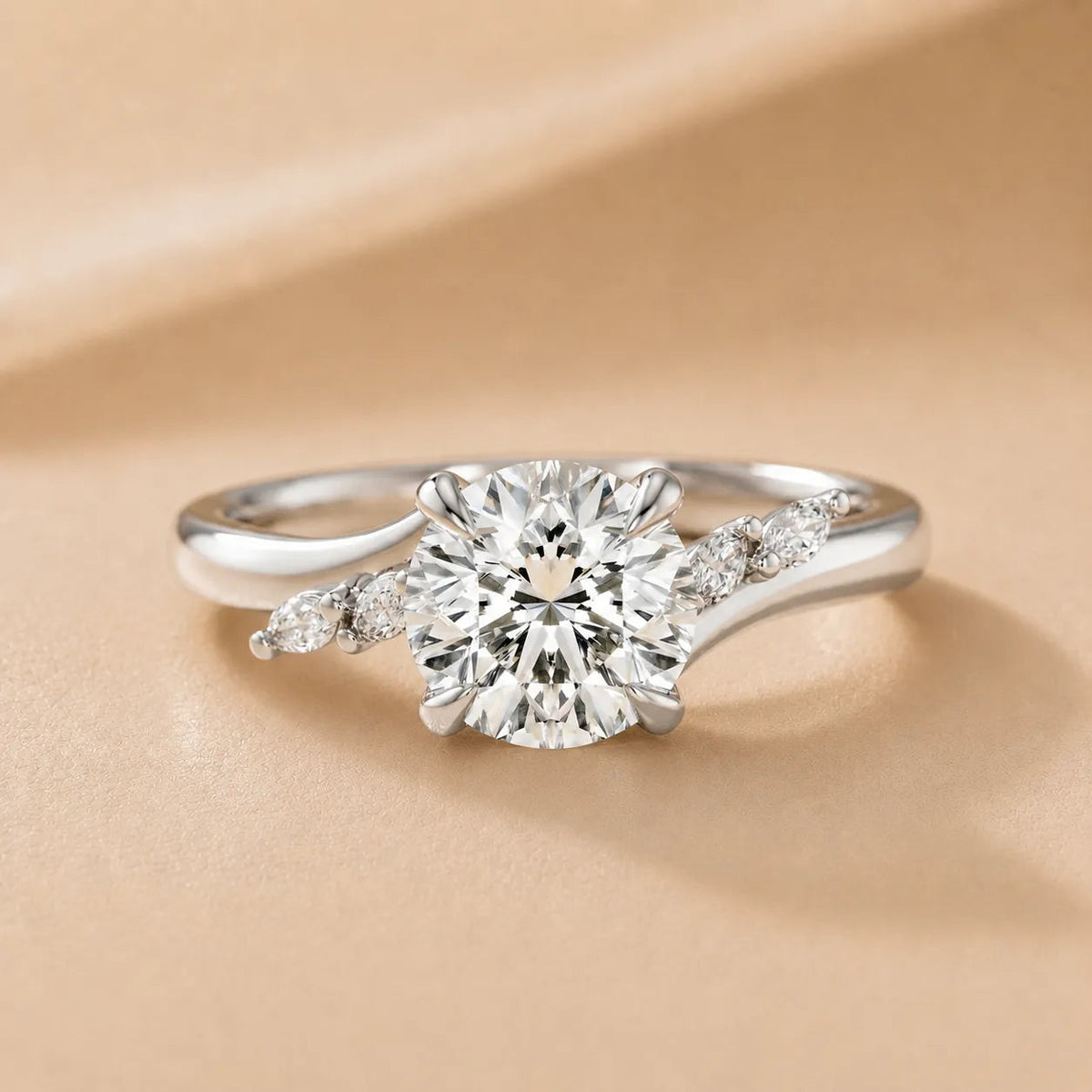 Flora Twist Side Stone Diamond Engagement Ring – Round (925 Sterling Silver)