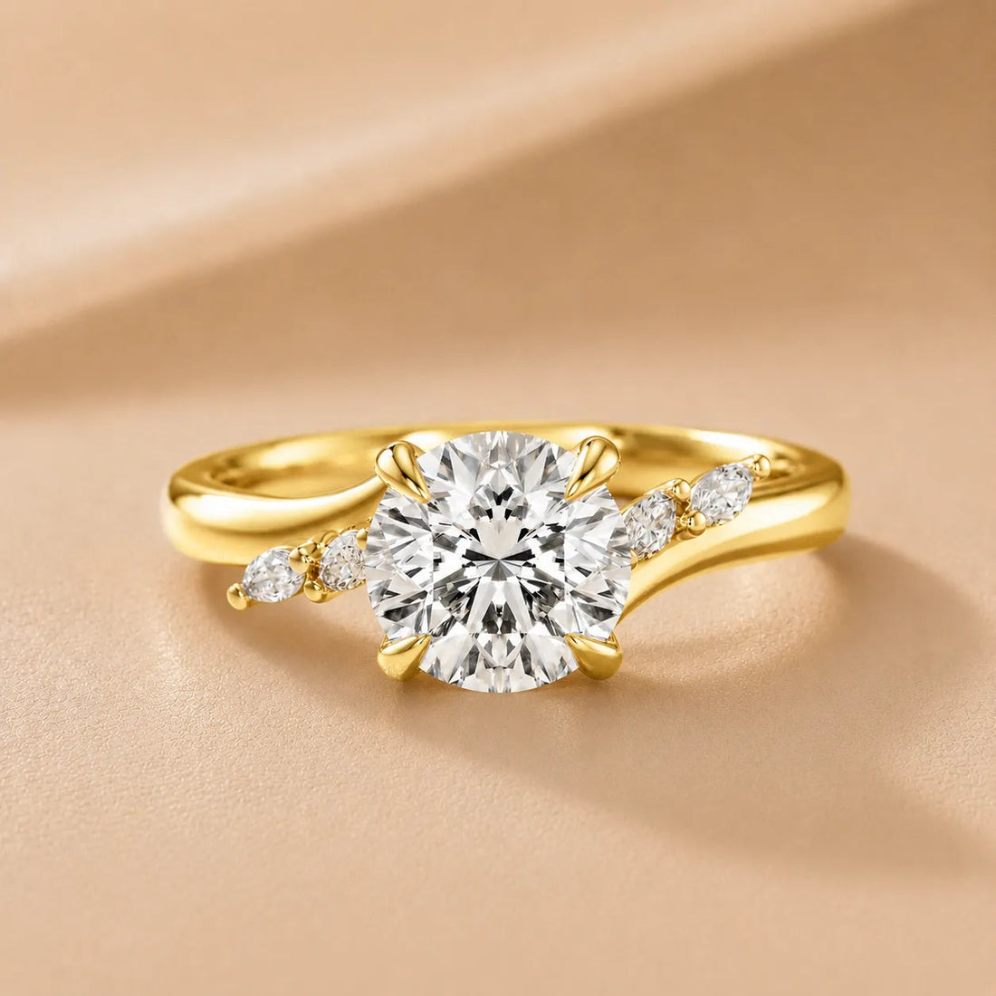Flora Twist Side Stone Diamond Engagement Ring – (10K Yellow Gold) – Round (925 Sterling Silver)