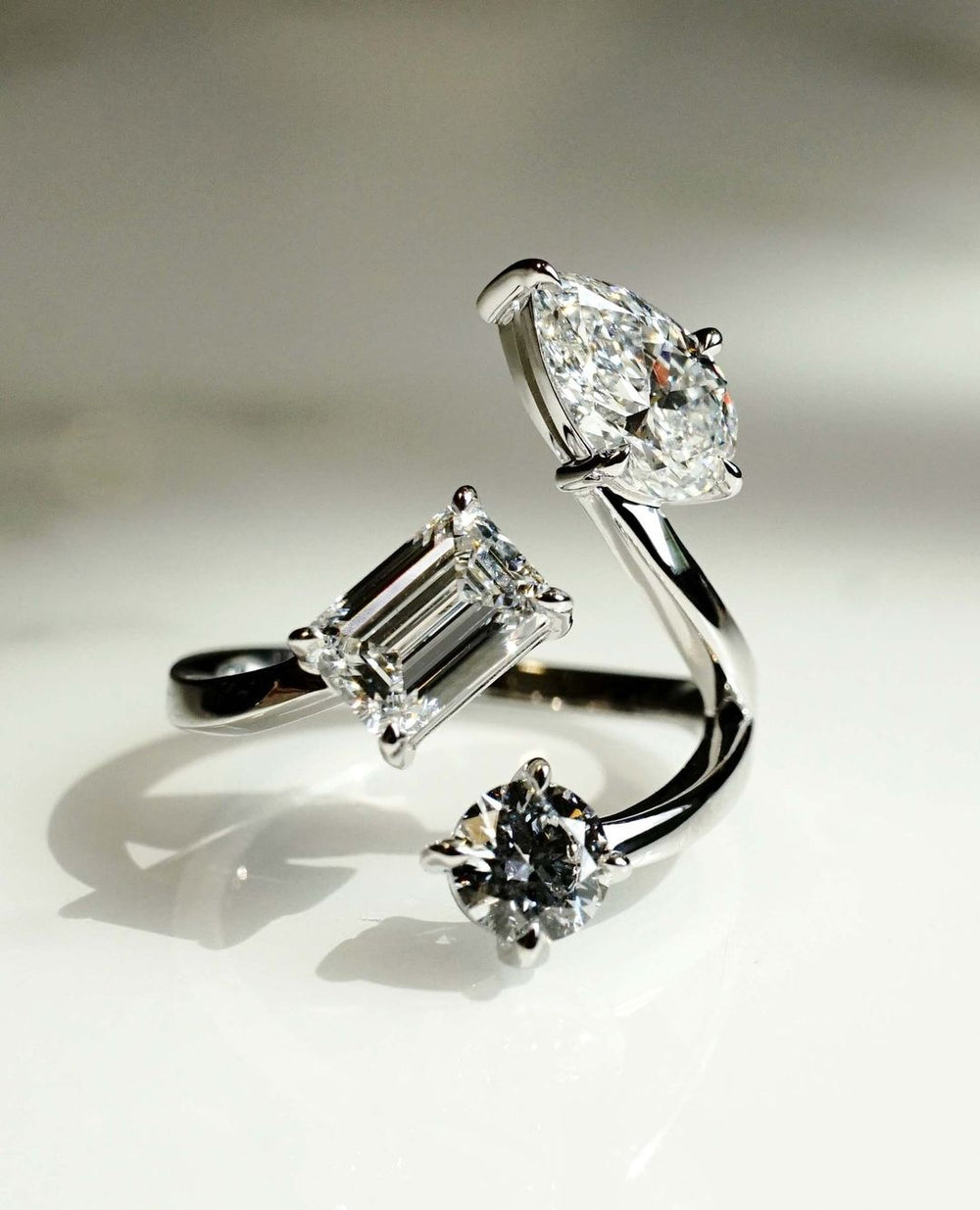 Three Stone Pear/Emerald/Round Cut Labgrown Engagement Ring