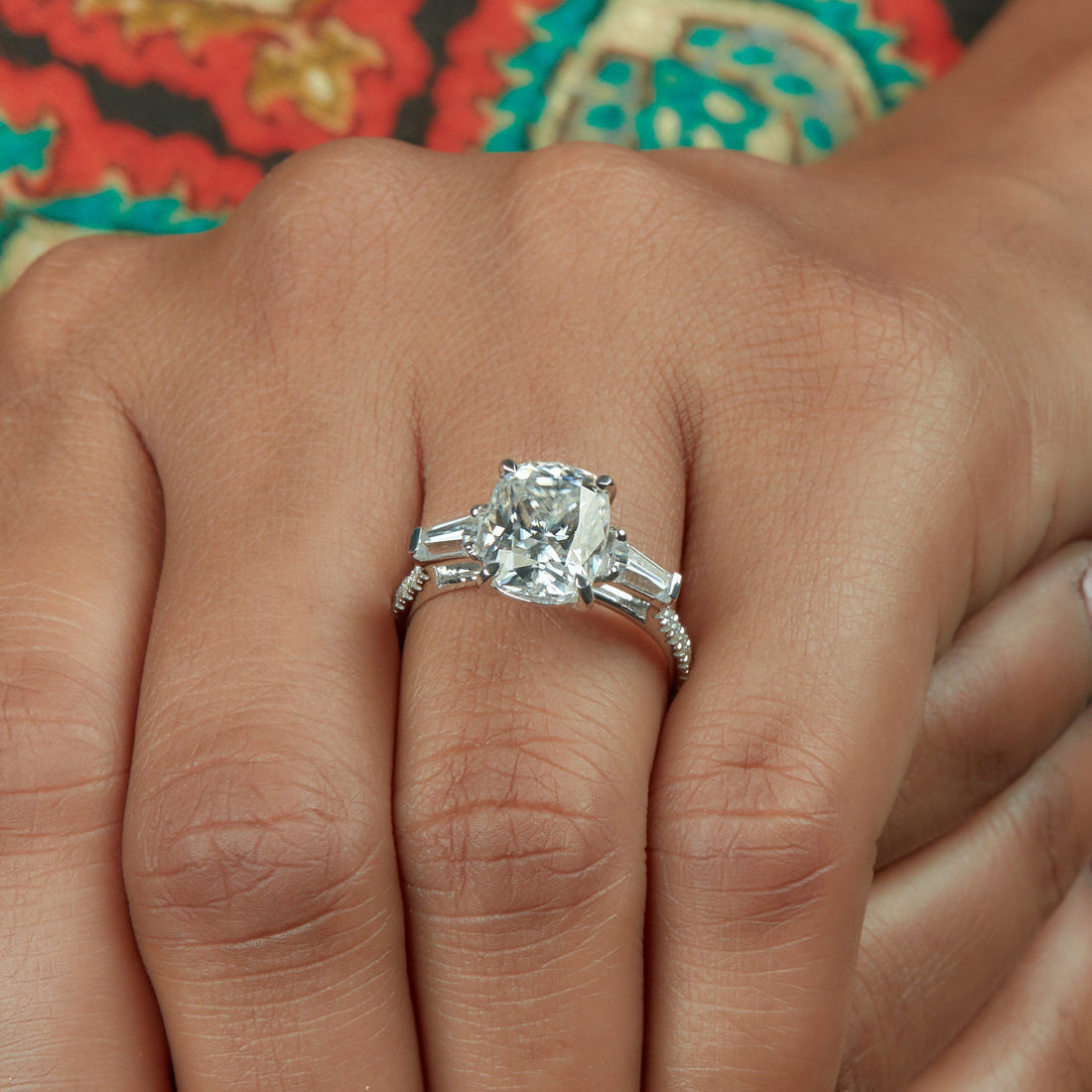 Three Stone 3.30 Ct Cushion Cut Lab Grown Diamond Ring