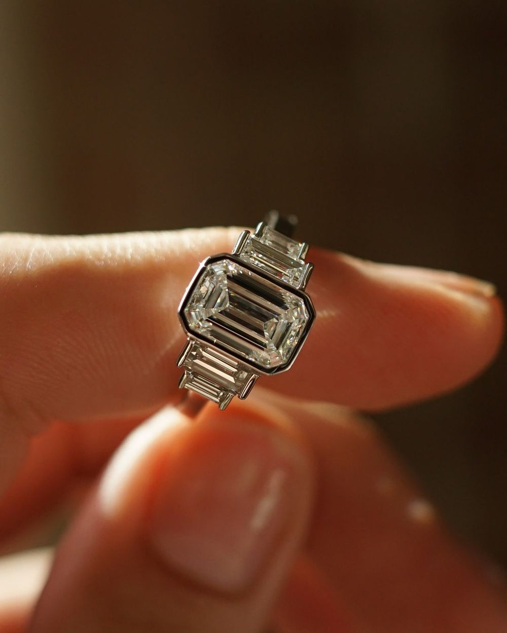 Bezel Set 5 Stone Emerald Cut Labgrown Engagement Ring