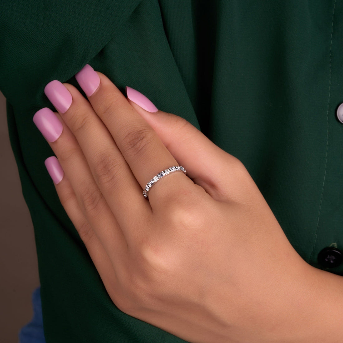 2 MM Round and Baguettes Half eternity Lab Grown Diamond Band