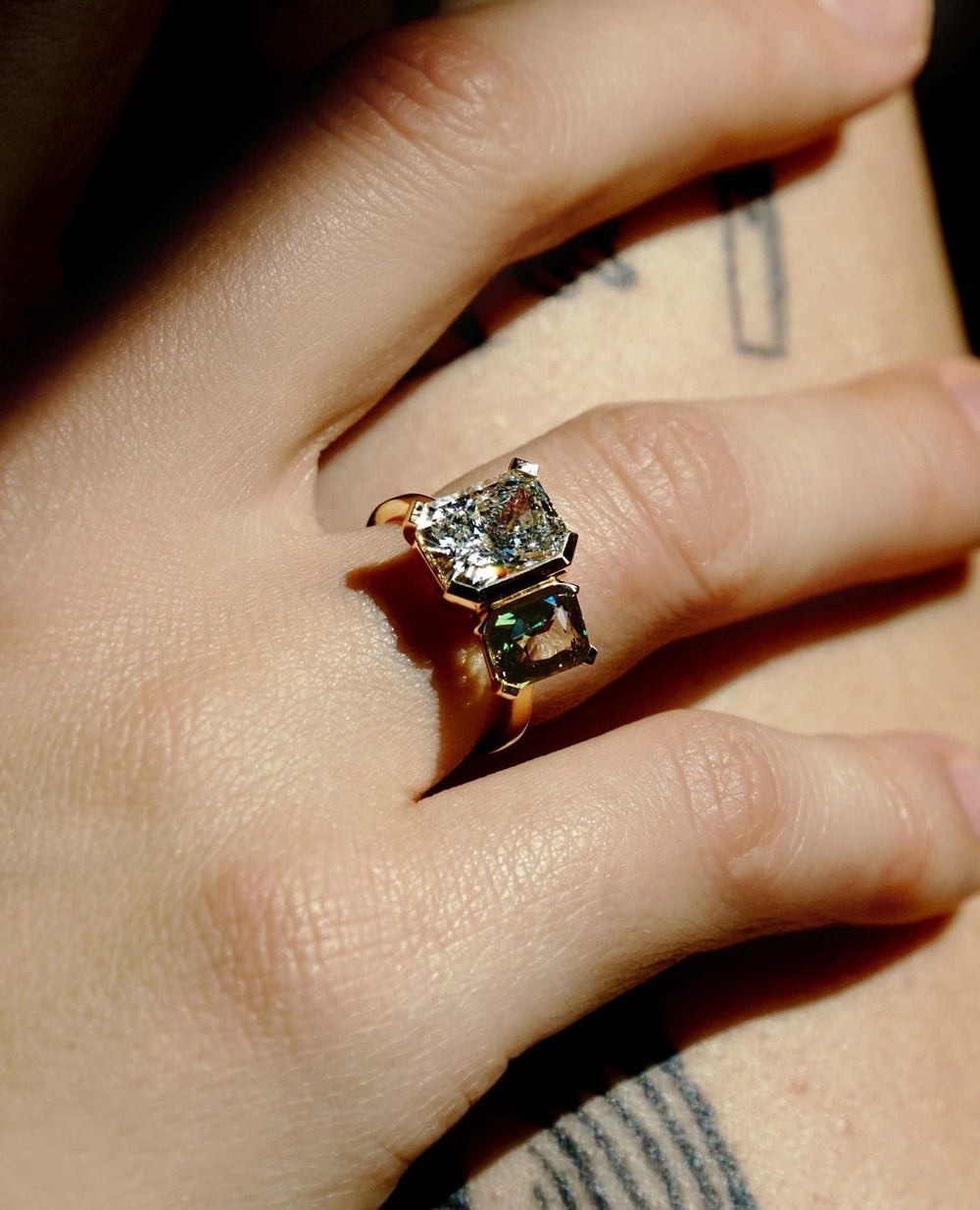 Radiant Cut & Green Sapphire Labgrown Engagement Ring
