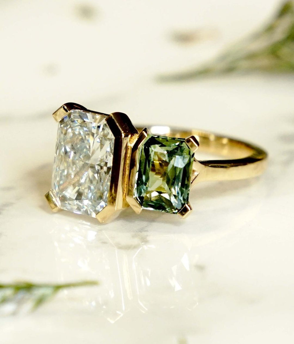 Radiant Cut & Green Sapphire Labgrown Engagement Ring