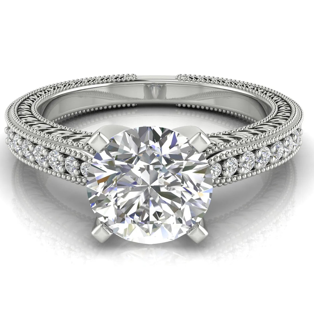 Vintage-Inspired Solitaire Ring with Accent Stones – (925 Sterling Silver) – Round (925 Sterling Silver)