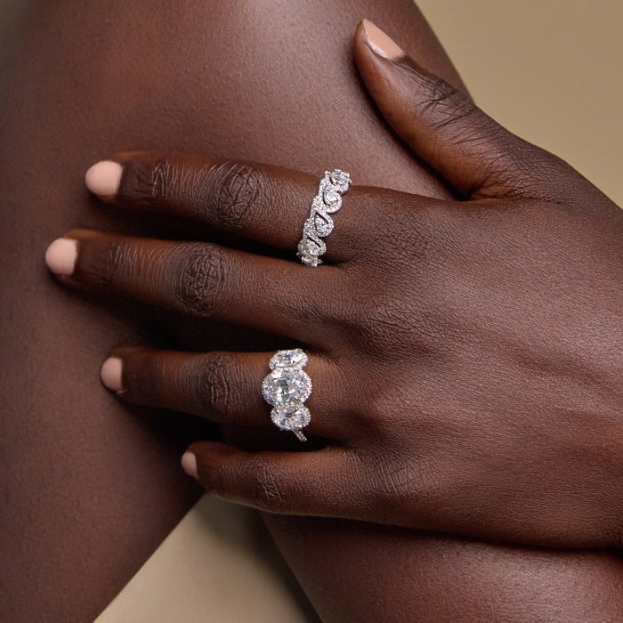 Hera 3 7/8 ctw Oval Lab Grown Diamond Shadow Halo Three Stone Engagement Ring