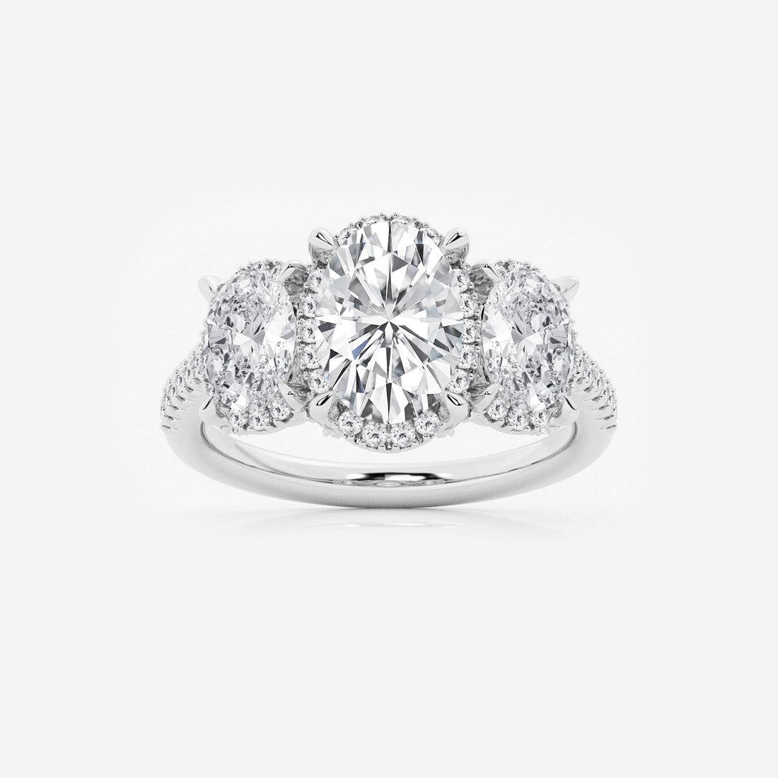 Hera 3 7/8 ctw Oval Lab Grown Diamond Shadow Halo Three Stone Engagement Ring