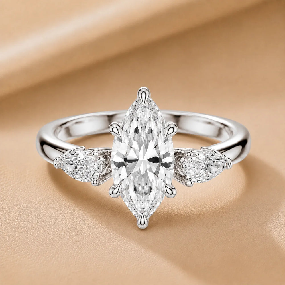 Designer Asscher Diamond Ring with Pear Side Stones