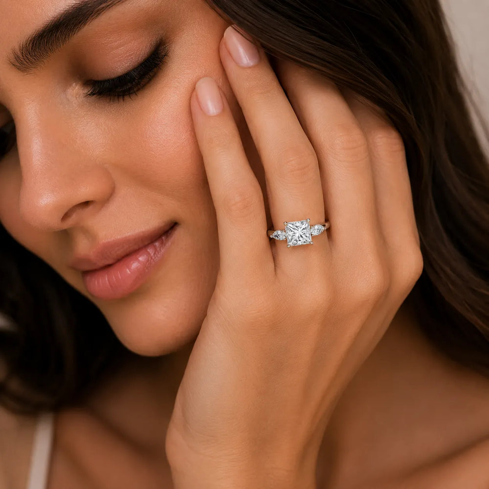 Designer Asscher Diamond Ring with Pear Side Stones