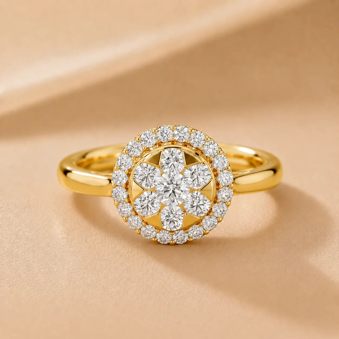 Starburst Halo Band Type  Round Diamond Engagement Ring