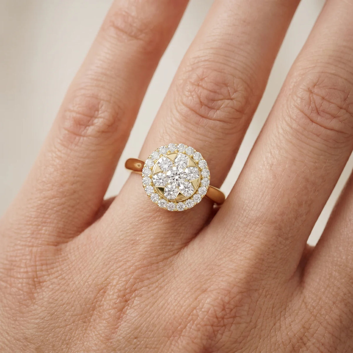 Starburst Halo Band Type  Round Diamond Engagement Ring