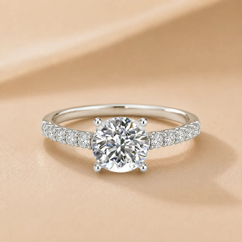 Elegant Solitaire Ring with Accent Stone – Round (925 Sterling Silver)