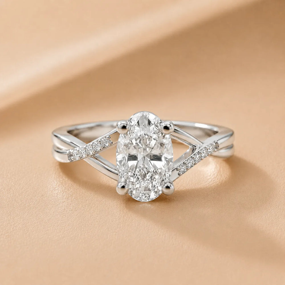 Veronica Twist Side Stone Oval Diamond Engagement Ring