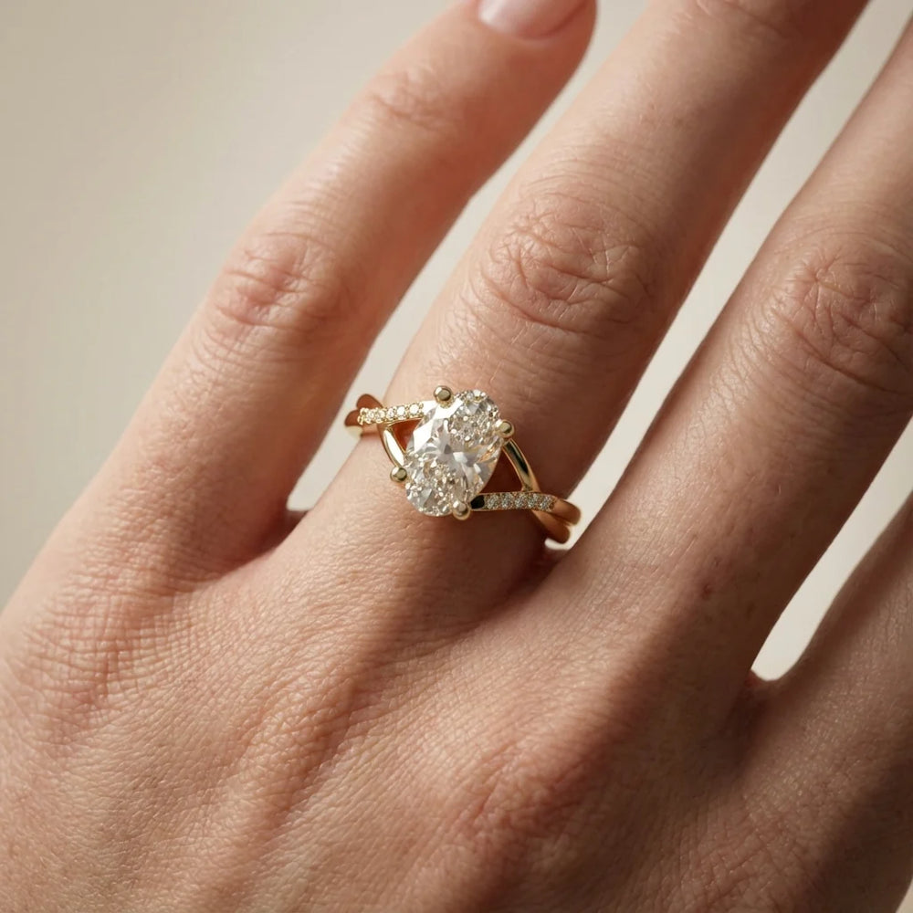 Veronica Twist Side Stone Oval Diamond Engagement Ring