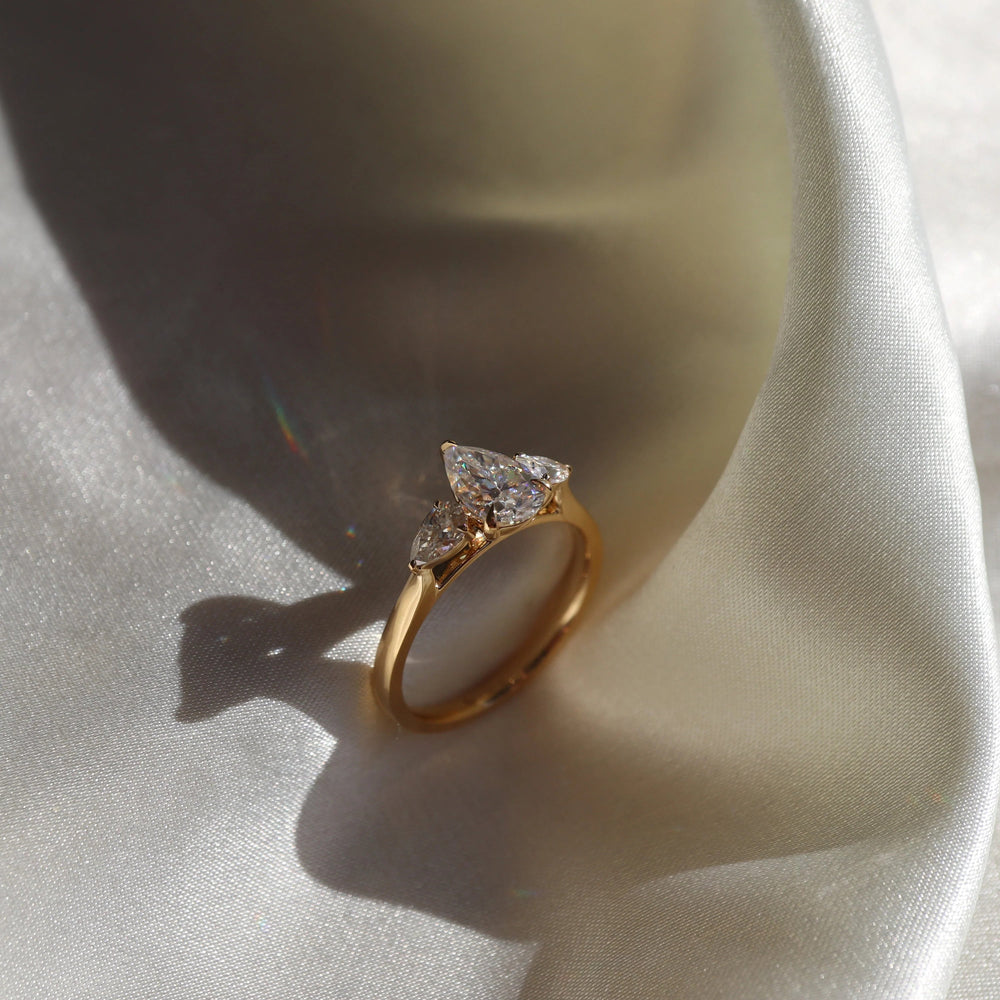 Three Stone Elongated Pear Cut Labgrown Engagement Ring