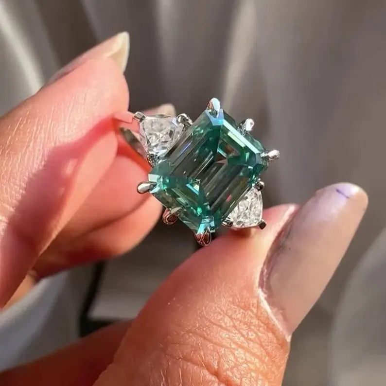 Fancy Blue Emerald 9.50ct + Trillion 2.50ctLab Grown Diamond Three Stone Engagement Ring | IGI Certified
