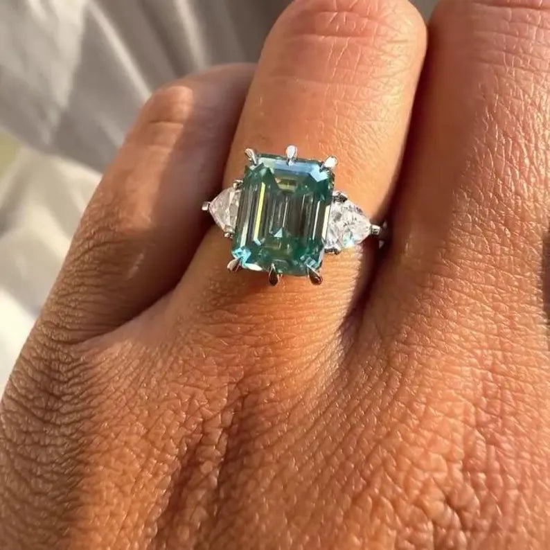 Fancy Blue Emerald 9.50ct + Trillion 2.50ctLab Grown Diamond Three Stone Engagement Ring | IGI Certified